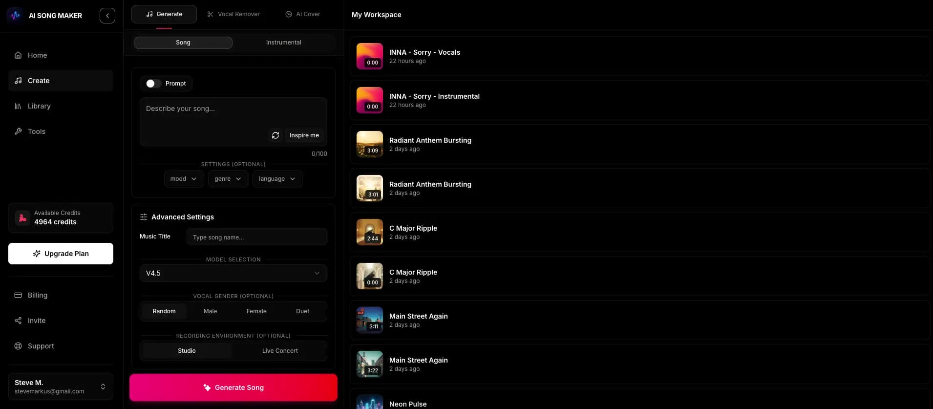 AI Rap Maker workspace where users manage generated songs and access license actions
