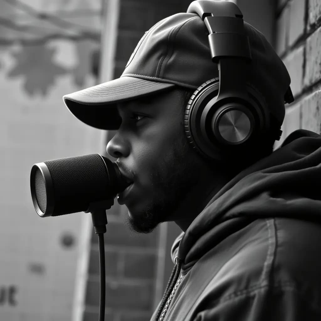 Rapper recording vocals in a studio